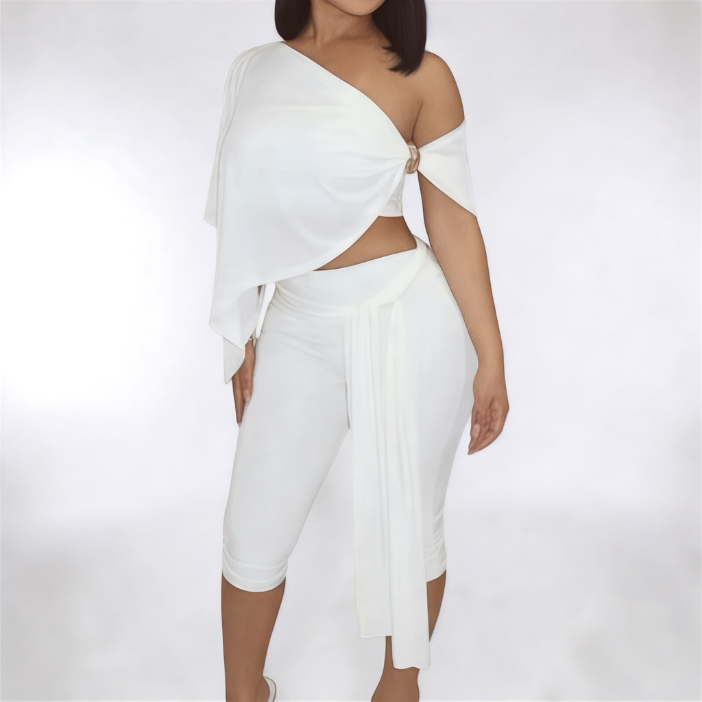 Oryx One Shoulder Capri Co-Ord Set – white