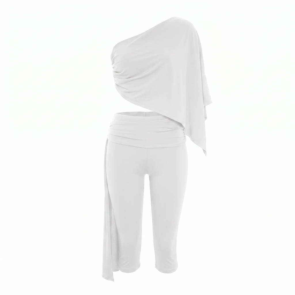 Oryx One Shoulder Capri Co-Ord Set – white
