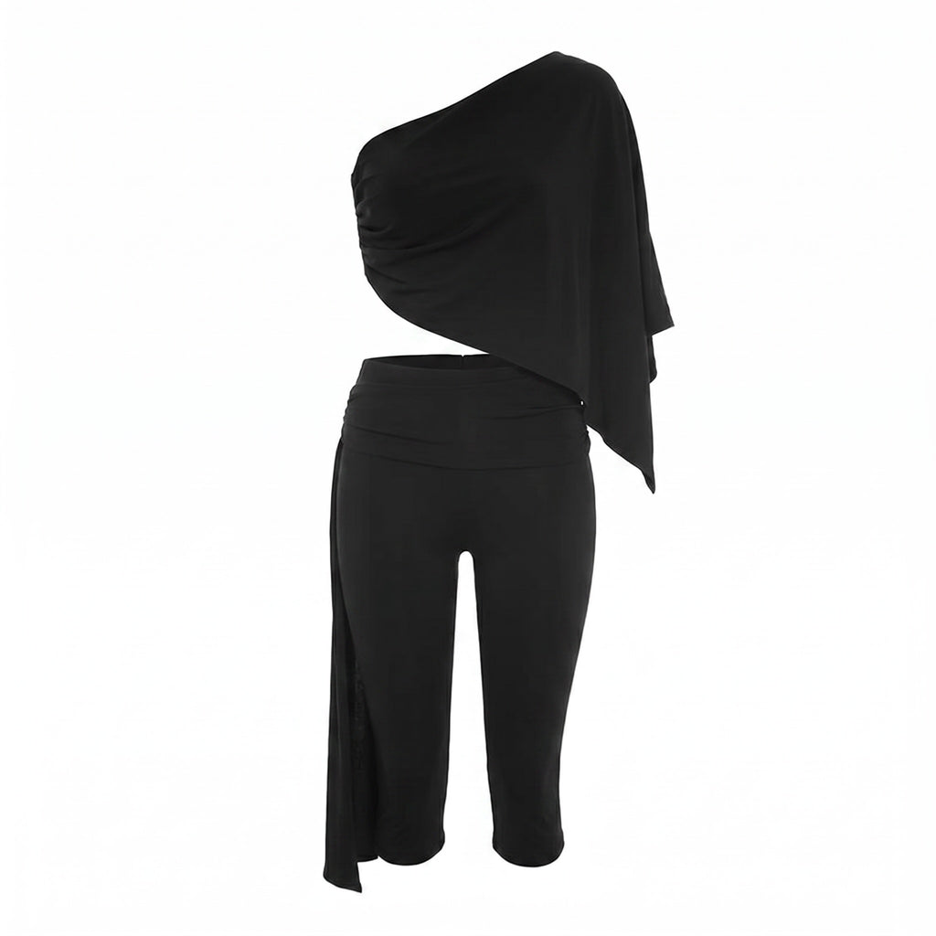 Oryx One Shoulder Capri Co-ord Set – Black